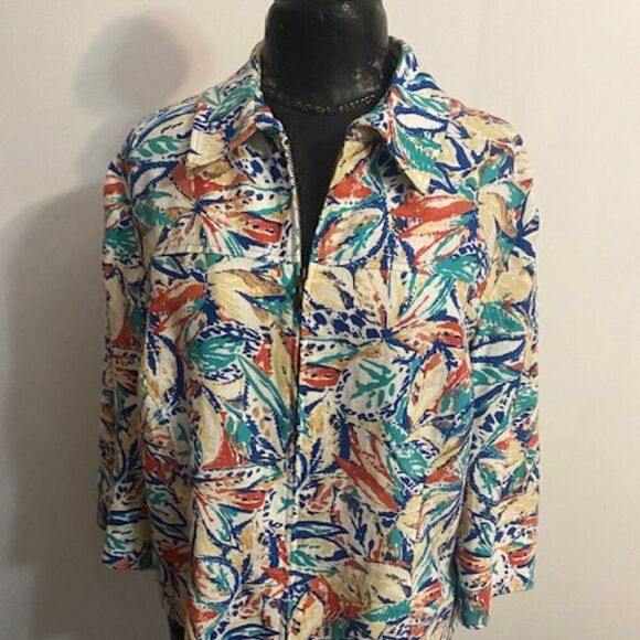 Coldwater Creek Watercolor Linen blend zip front 3/4 sleeves blazer, size 1X - Picture 1 of 4